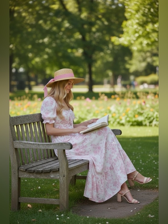 111 • Elizabeth Blush Roses Romantic Pink Floral Maxi Dress with Puff Sleeves - Picture 2 of 12